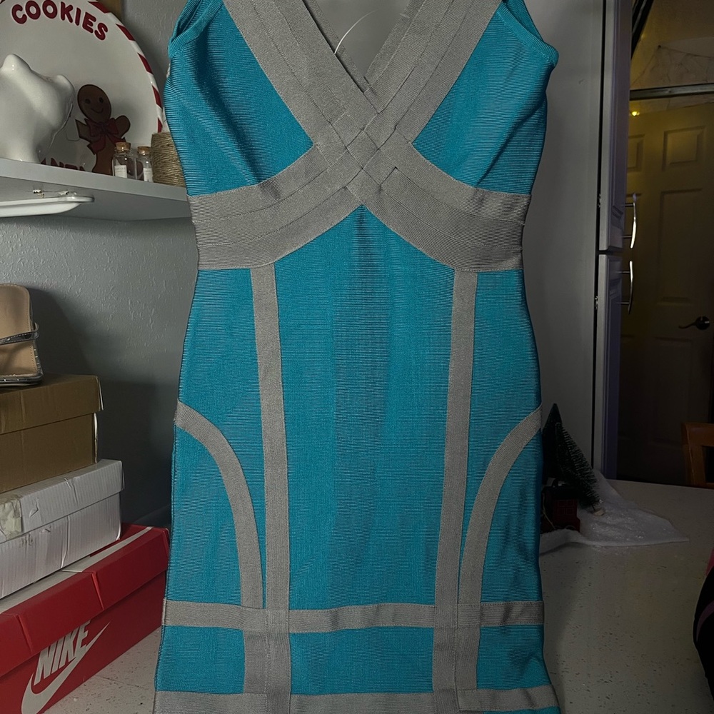 BEBE Turquoise and Gray Mini Dress